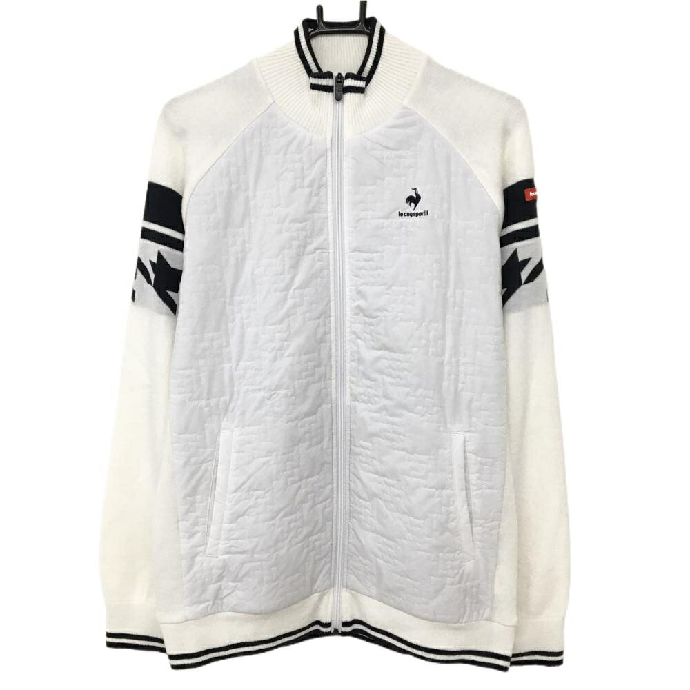 【美品】ルコックゴルフ 中綿切替ニットジャケット 白系×黒 前身頃中綿 ウール混 胸ロゴ メンズ LL ゴルフウェア le coq sportif