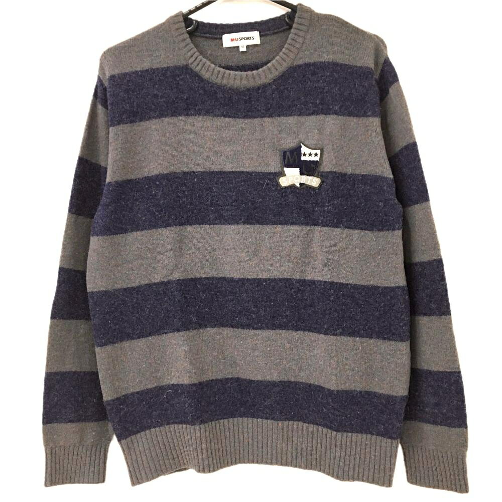 【25%OFFクーポン配布中！9/14まで】MUスポーツ セーター グレー系×ネイビー系 ボーダー ウール混 ニット メンズ 50(L) ゴルフウェア M・U SPORTS