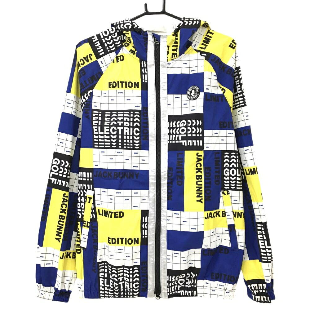 ジャックバニー フード付きジャケット 白×ブルー×イエロー 総柄 ロゴシリコンワッペン メンズ 6(XL) ゴルフウェア Jack Bunny
