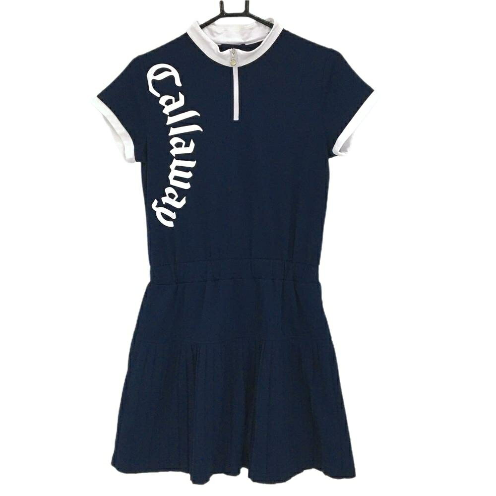【25%OFFクーポン配布中！9/14まで】【美品】キャロウェイ 半袖ハイネックワンピース ネイビー×白 ロゴプリント プリーツスカート レディース M ゴルフウェア Callaway