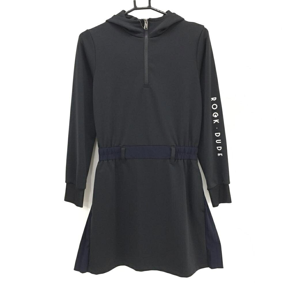 【25%OFFクーポン配布中！9/14まで】【新品】ロックデュード フード付きワンピース 黒×ネイビー サイドプリーツ ウエストゴム レディース 2(M) ゴルフウェア ROCK・DUDE