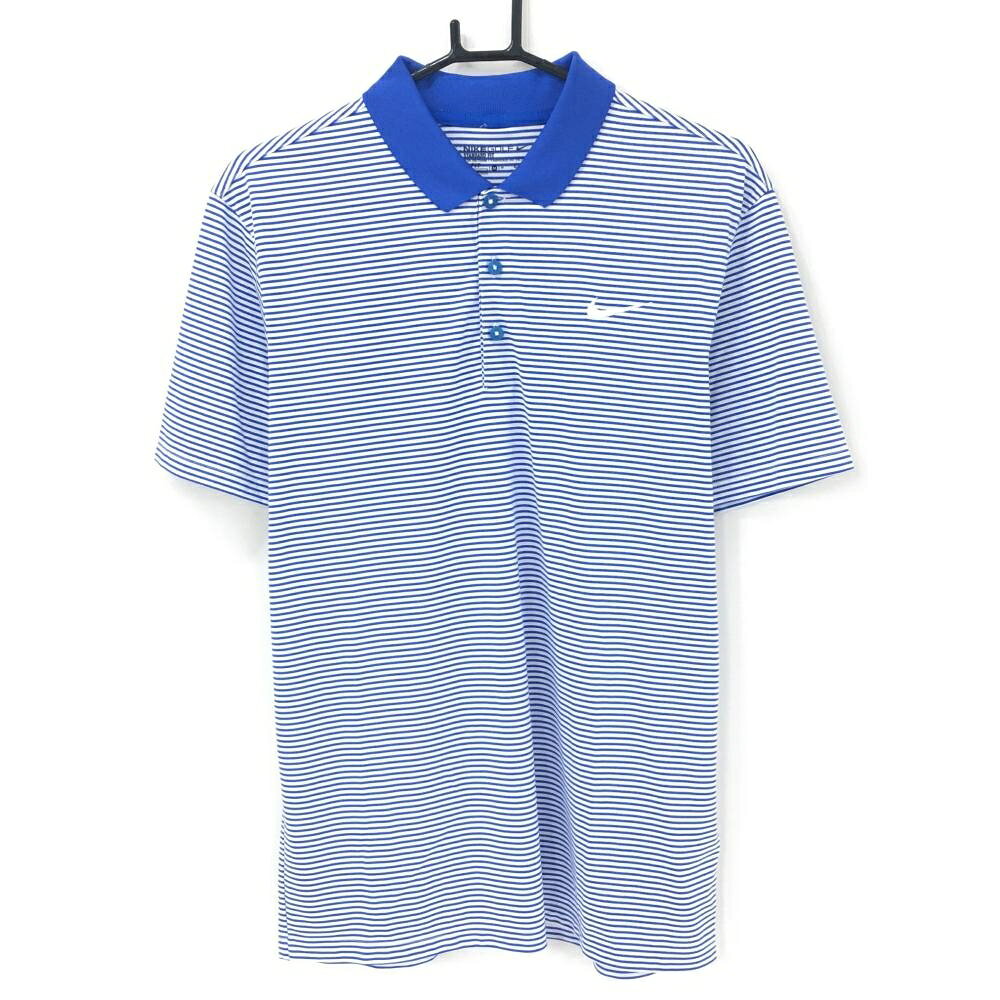 【25%OFFクーポン配布中！9/14まで】【超美品】ナイキゴルフ 半袖ポロシャツ 白×ブルー ボーダー ロゴ刺しゅう DRI-FIT メンズ M ゴルフウェア NIKE