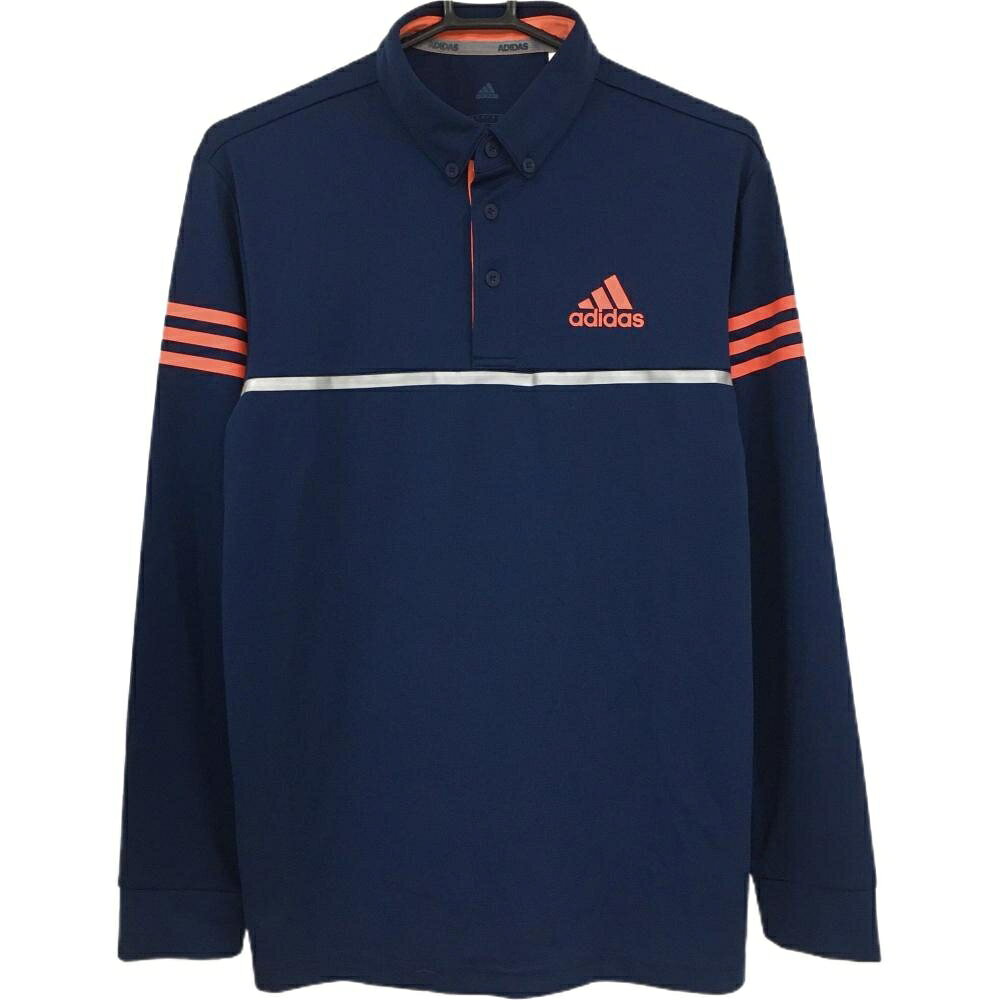 【超美品】アディダス 長袖ポロシャツ ネイビー×蛍光オレンジ ボタンダウン 袖3ライン メンズ L ゴルフウェア adidas