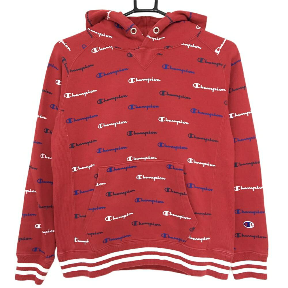 チャンピオン パーカー レッド×白 ロゴ総柄 スウェット生地 レディース MEDIUM ゴ...