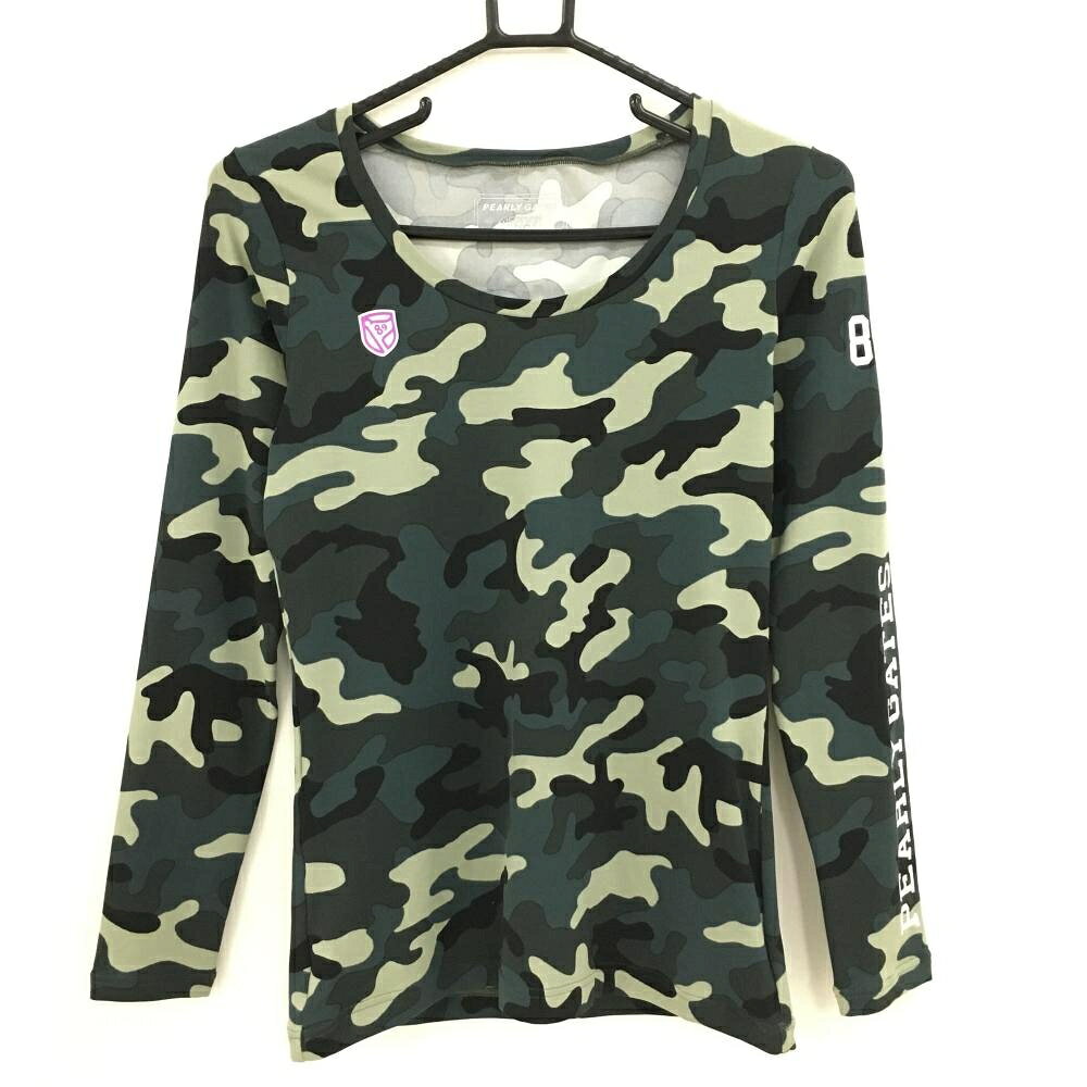 【超美品】パーリーゲイツ インナーシャツ ダークグリーン×カーキ カモフラ柄 袖ロゴ レディース 2(L) ゴルフウェア PEARLY GATES