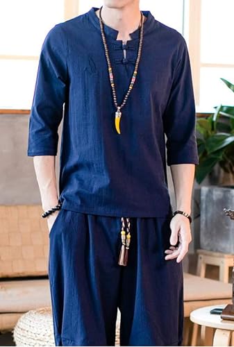 甚平 メンズ 半袖 作務衣 浴衣 麻 亜麻 リネン 男性用 夏祭り 花火 大会 しじら織り セットアップ 刺繍 ネイビー, XL