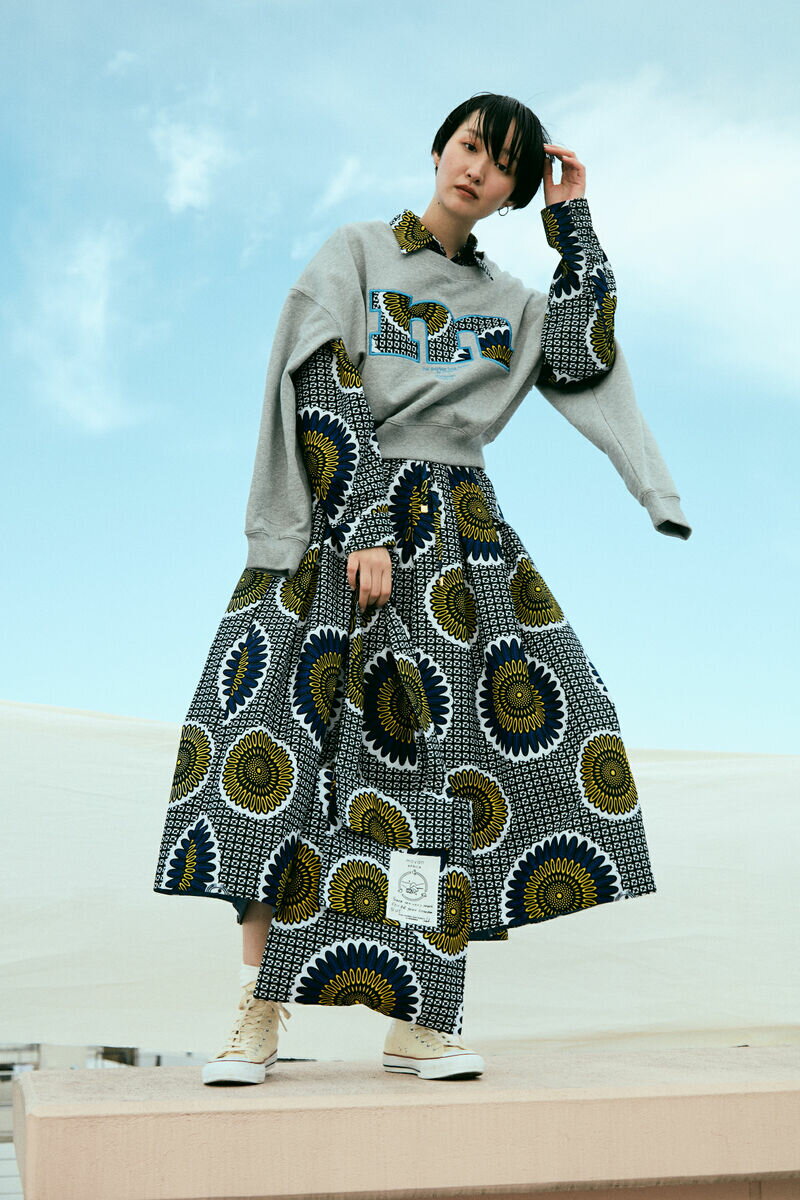 moyan ecri moyan africa skirt スカート ロングスカート ボリュームスカート ボリュームロングスカート タック 柄スカート アフリカンファブリック 夏 寄付 サステナブル 総柄 花