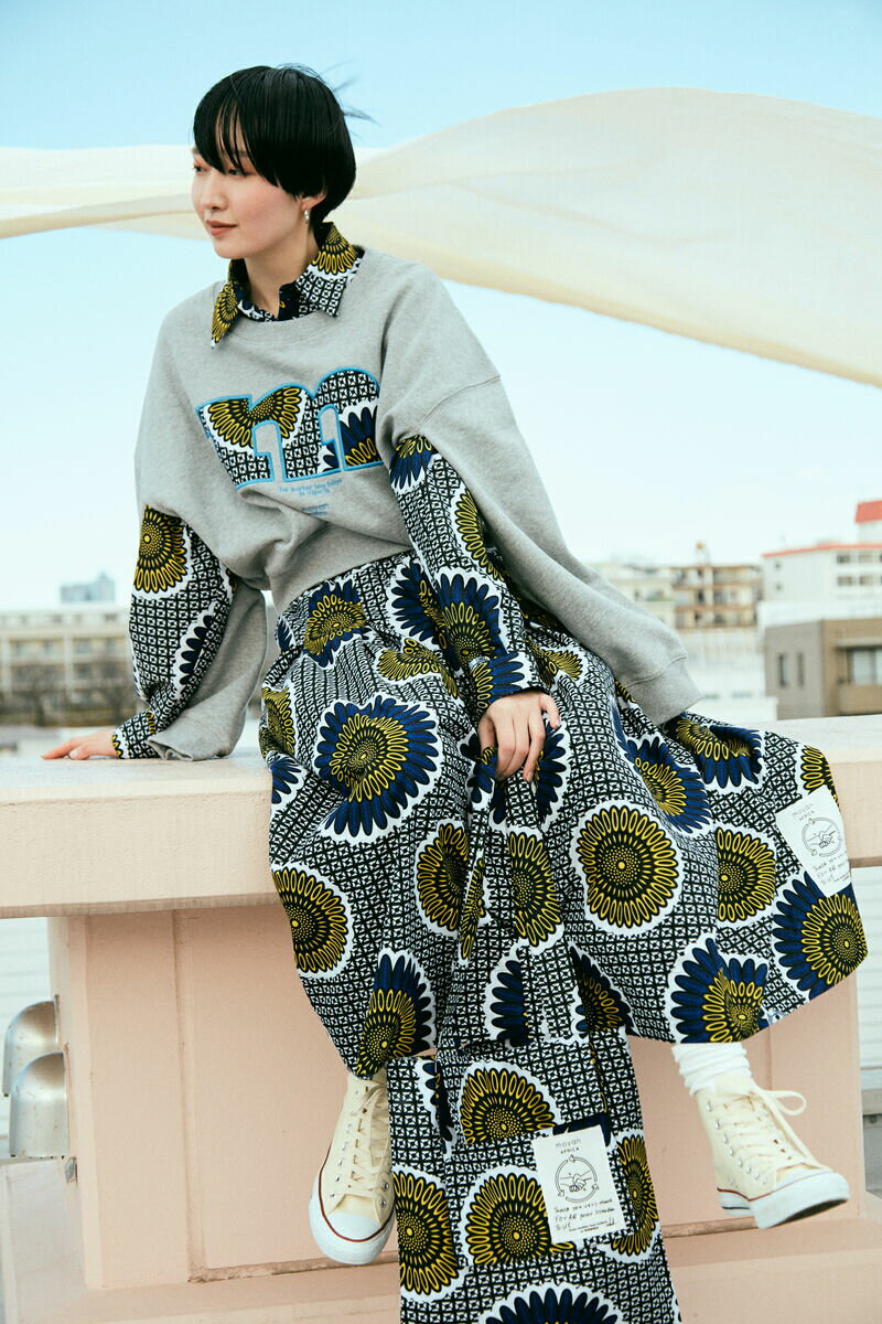 moyan ecri moyan africa skirt スカート ロングスカート ボリュームスカート ボリュームロングスカート タック 柄スカート アフリカンファブリック 夏 寄付 サステナブル 総柄 花