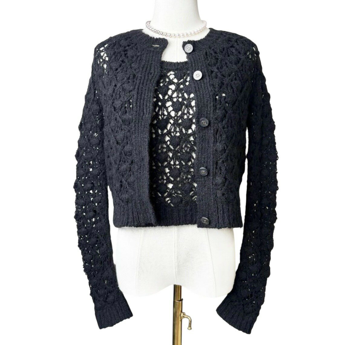 クリスチャンディオール 【中古】Christian Dior 2023 アンサンブル カナージュニット カシミヤ シルク モヘヤ カーディガン 長袖 タンクトップ CDボタン ブラック F36 I40 Mサイズ相当