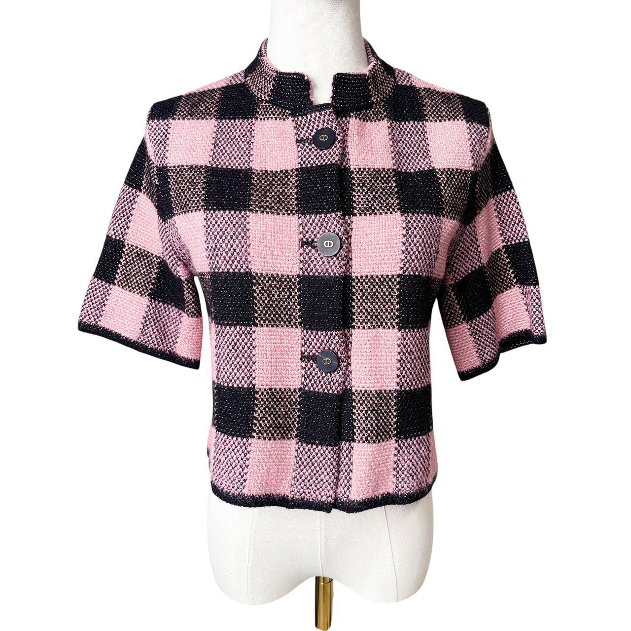 Rakuten - クリスチャンディオール 【中古】Christian Dior 2023 ニットツイードジャケット クロップド丈 アルパカ混 ウール CDボタン ギンガムチェック 総柄 カーディガン 半袖 F36 I40 (S〜Mサイズ相当)
