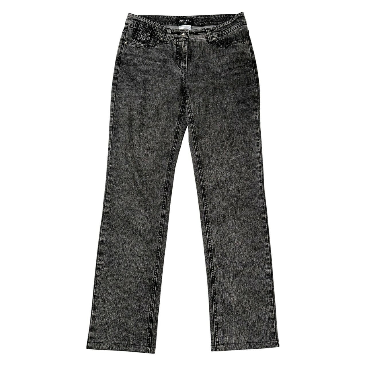Rakuten - シャネル 【中古】CHANEL デニムパンツ 細身ストレート ジャストウエスト ココマークワッペン ロゴ刻印 コットン グレー サイズ38 (M~Lサイズ相当)