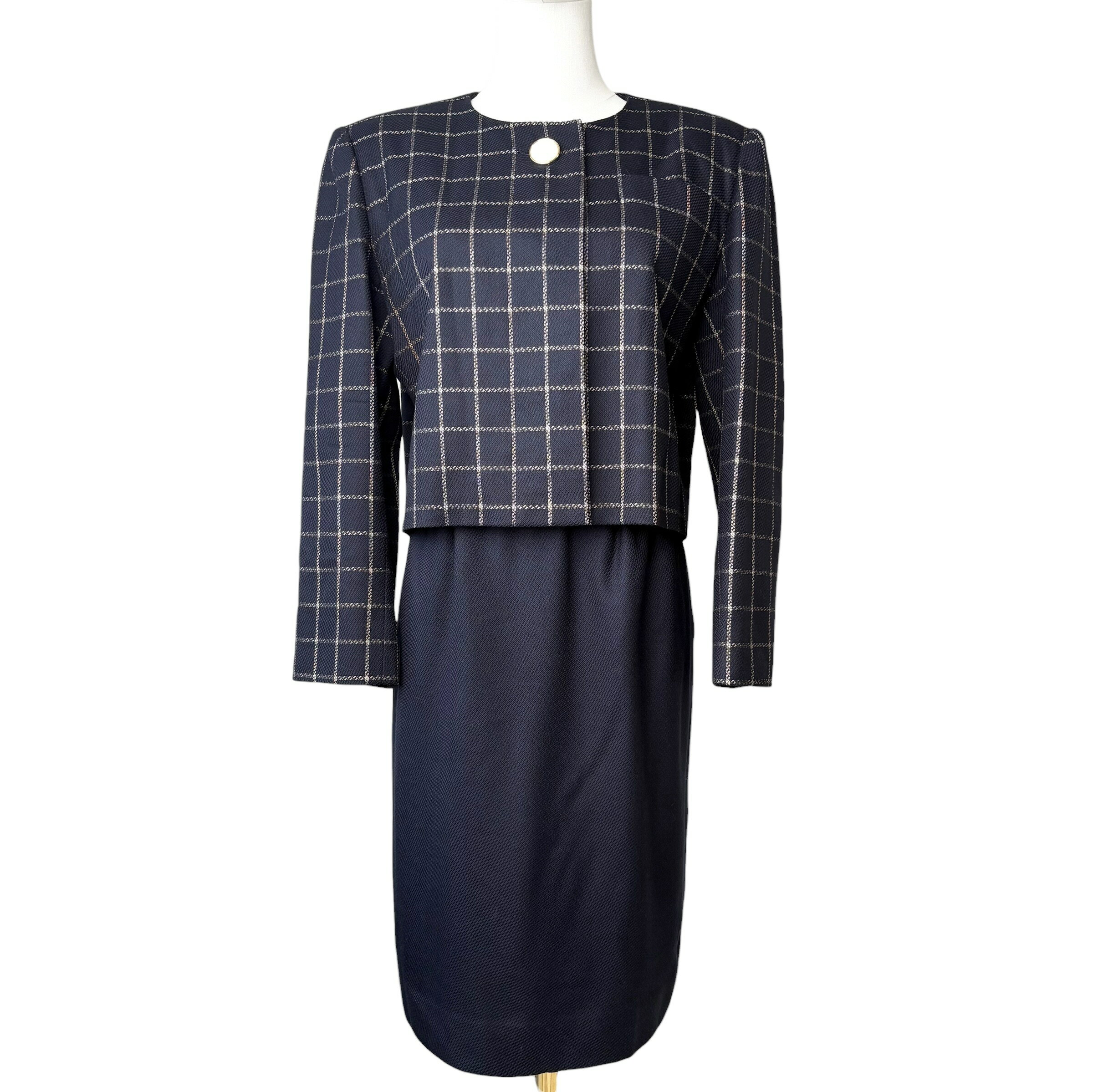 クリスチャンディオール 【中古】Christian Dior セットアップ ノーカラージャケット スカート 薄手ツイード 長袖 チェック ひざ丈 タイトスカート ポケット付き ヴィンテージ ネイビー 11 (実寸Lサイズ相当)
