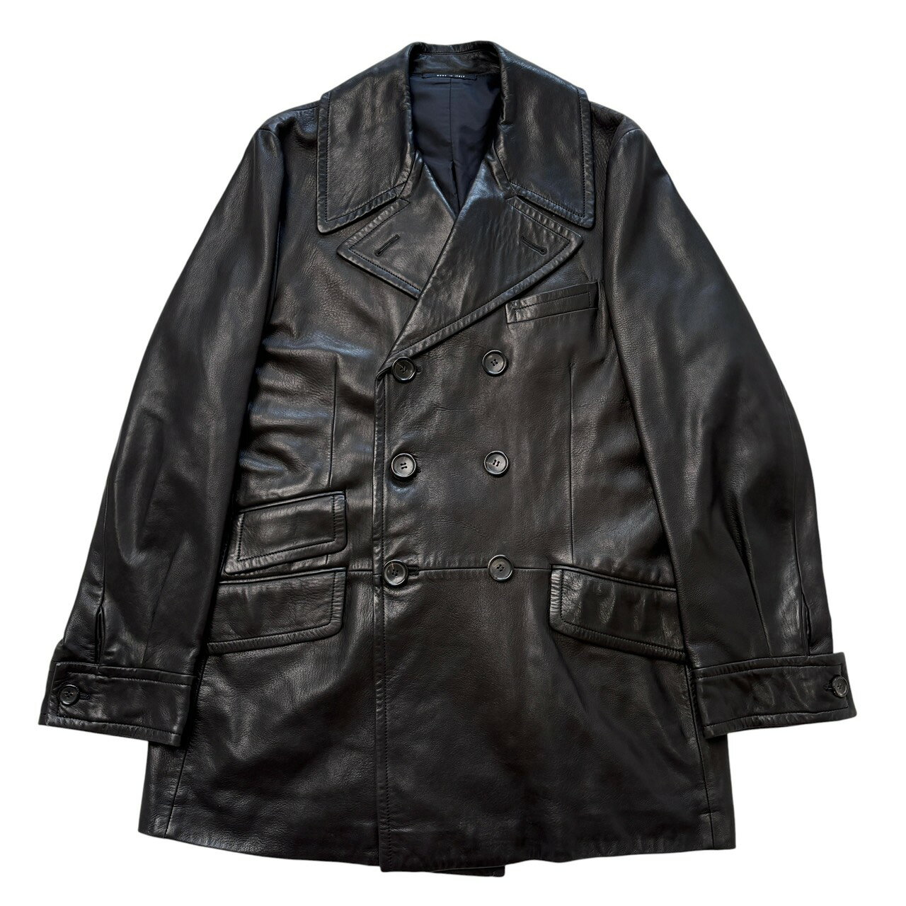 Rakuten - グッチ 【中古】GUCCI トムフォード期 Tom Ford ヴィンテージ レザージャケット レザーコート 本革 羊革 ラムレザー ダブルブレスト バックベルト 長袖 総裏 無地 ブラック サイズ52
