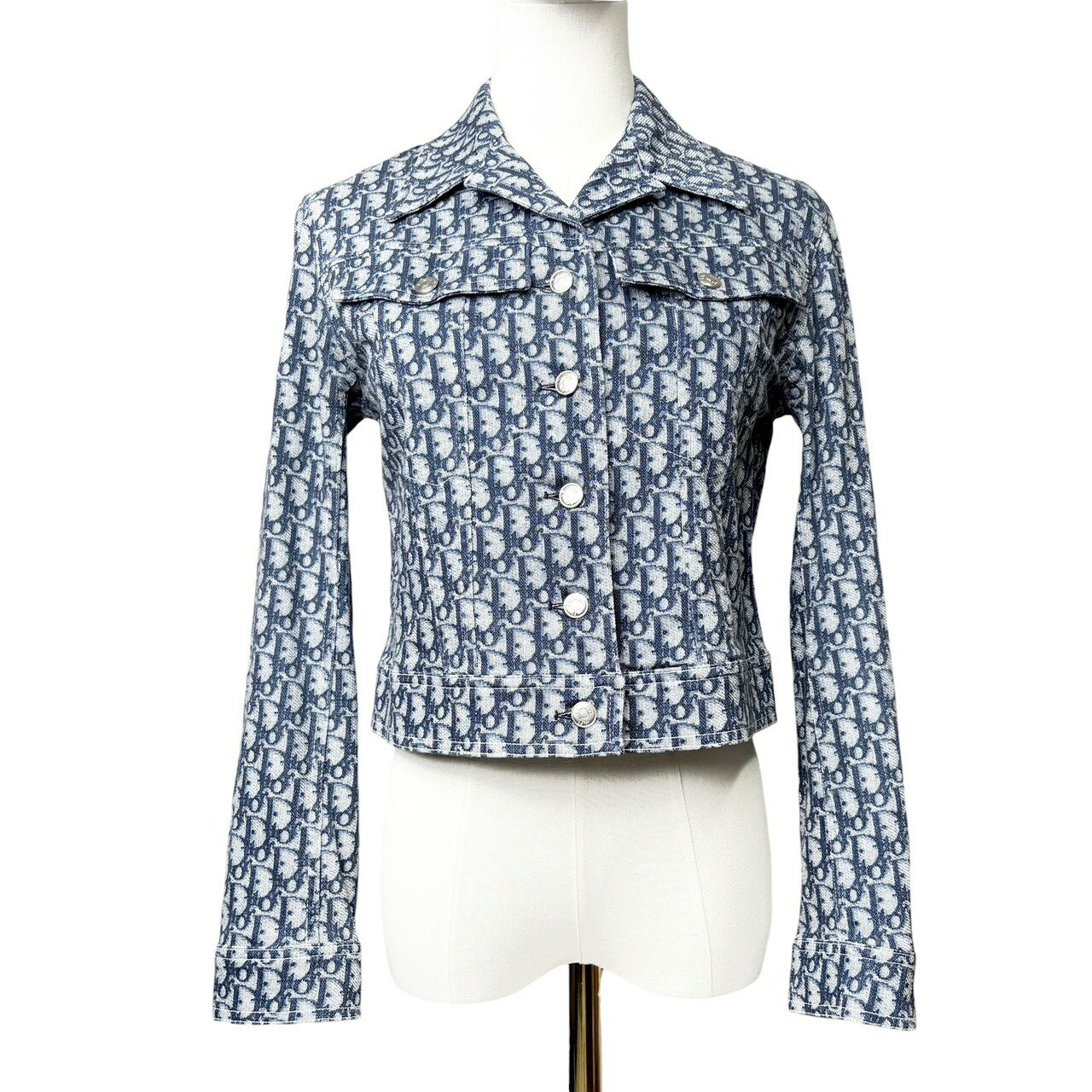 クリスチャンディオール 【中古】Christian Dior ガリアーノ期 John Galliano トロッター総柄 クロップドデニムジャケット ロゴボタン サイドライン 長袖 ブルー F36 (実寸Mサイズ相当)