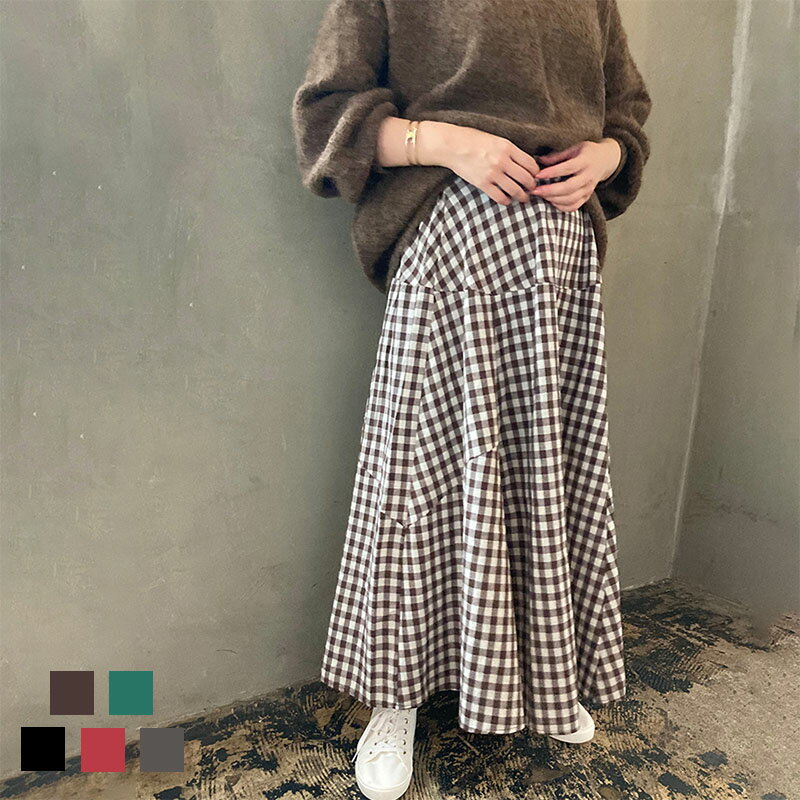 スカート フレアスカート ボトムス ロングスカート ウエストゴム ミモレ丈 ふんわり ひざ下 ロング シンプル チェック柄 カジュアル 通学 通勤 体型カバー レディースファッション 40代 50代 ReRe