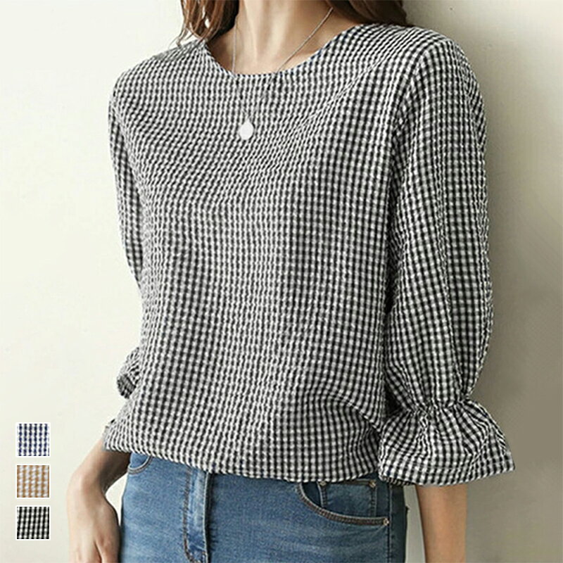 トップス シャツ ワイド ゆったり 七分袖 二の腕カバー フリル袖 チェック柄 黒 ブラウン 通学 通勤 可愛い 大人 カジュアル レディースファッション 20代 30代 40代 50代 60代 ReReのサムネイル