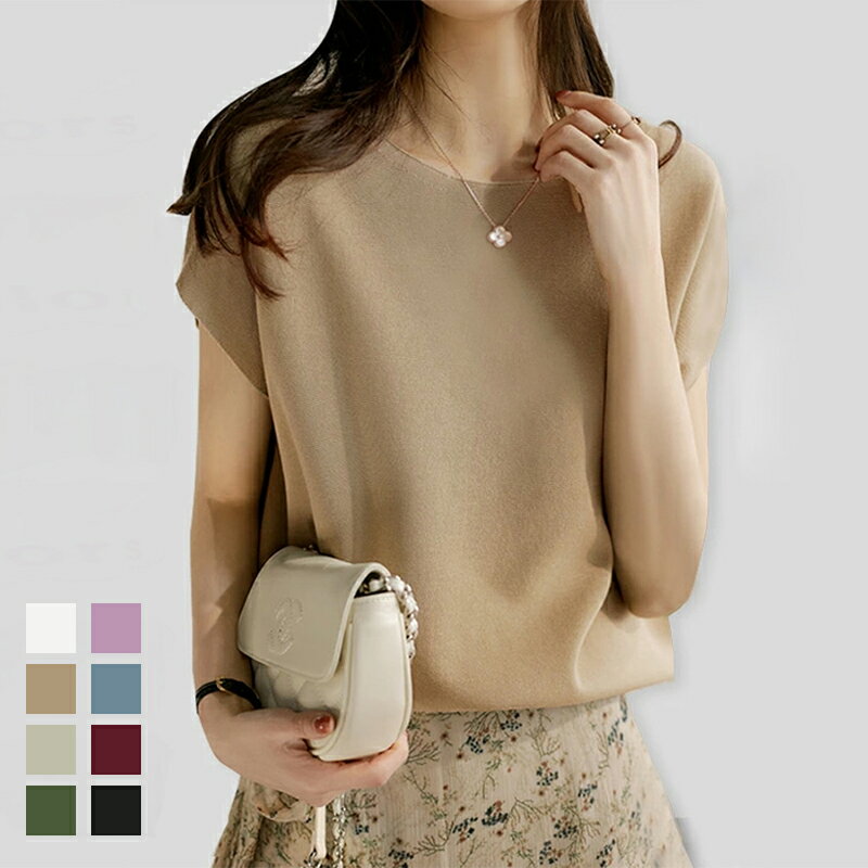 サマーニット レディース フレンチ袖カットソー ノースリーブ 半袖 伸縮性 カジュアル フェミニン レデ..