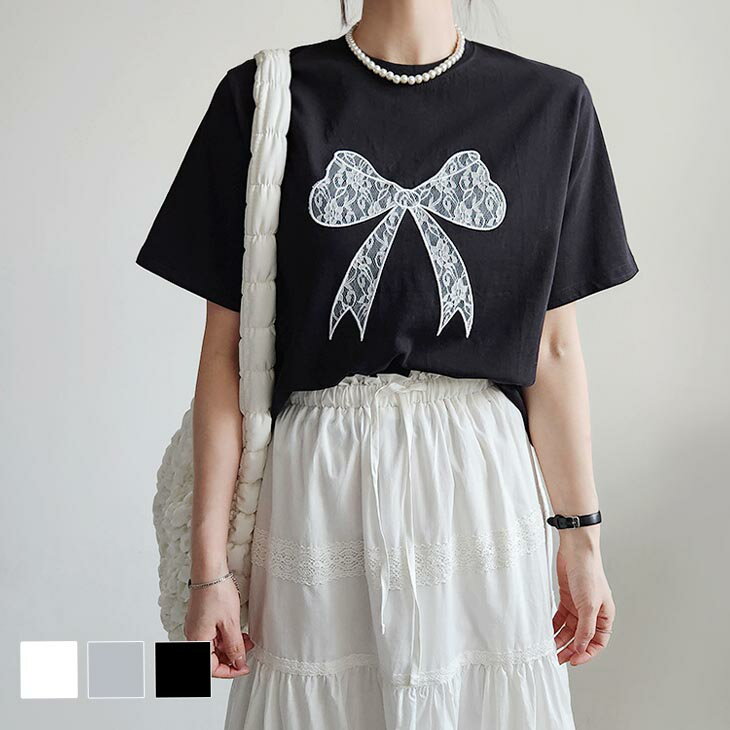トップス Tシャツ リボン 半袖 二の腕カバー ゆったり 体型カバー シンプル ロング ホワイト グレー ブラック 灰色 黒 白 春 夏 レディースファッション 20代 30代 40代 50代 60代 ReReのサムネイル