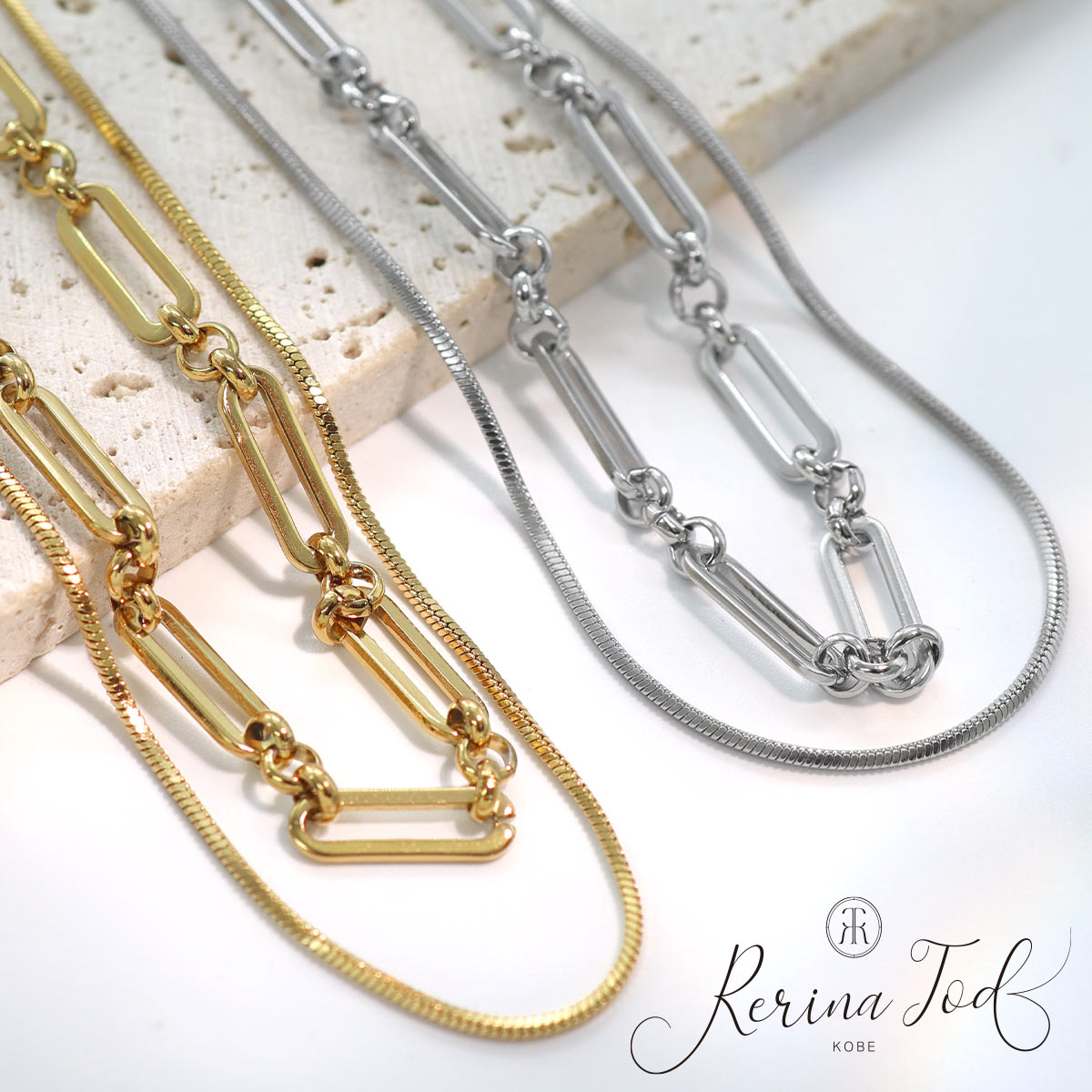 Rakuten - ネックレス オーバル＆スネークチェーン 3way 2連 金属アレルギー対応 サージカルステンレス製 シルバー ゴールド 重ね付け PVDコーティング (1個売り)