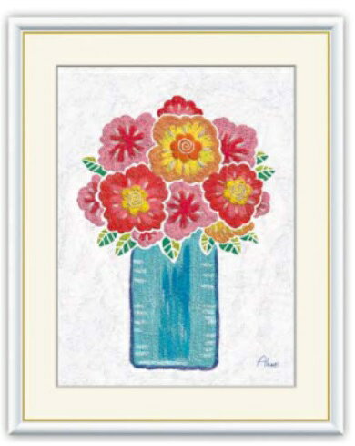 商品番号:J3-S007-F4 商品名:赤い花の花瓶 サイズ:42×34 作家名:春田あかり（はるた　あかり） 作家略歴:芸大で油絵を専攻。優れたデッサン力に基づく奇抜で繊細な画風に定評がある。卒業後に幸洋会に入会。個展を開く等幅広く活動している。 材質本紙:新絹本 材質フレーム:木製 全面カバー:アクリルカバー