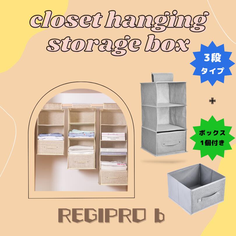 レジプロb クローゼット 吊り下げ収納 ボックス 3段 / 4段式 衣類 下着 取付け簡単 収納ボックス付き (グレー)