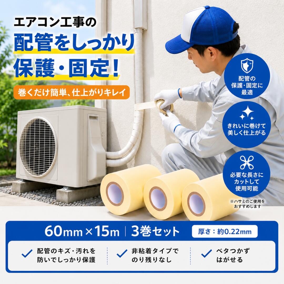 配管保護テープ 3巻セット 非粘着 エアコン用 屋外配管対応 60mm 15m 巻きやすい ...