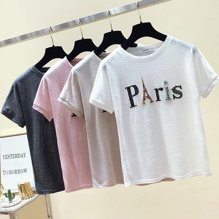 Blouses - レディース ビジュー Tシャツ トップス ラウンドネック 半袖 英字 麻 4color 大人可愛い ママコーデ ママファッション 韓国系 オルチャン 人気 トレンド 新作 20代 きれ 40代 30代