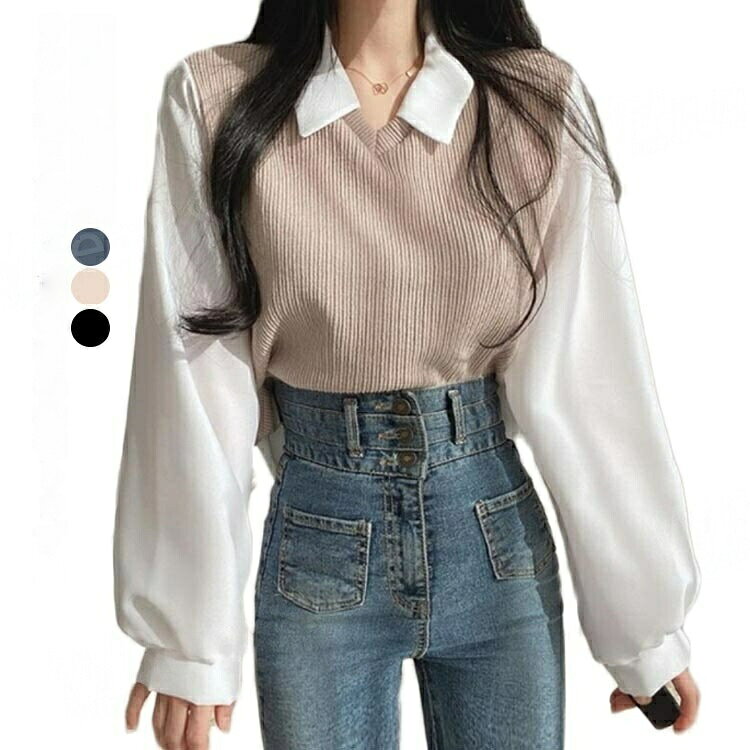 Rakuten - トップス 長袖 カットソー ブラウス フェイクレイヤード シャツフェイク プルオーバー パフスリーブ 可愛い レディース 重ね着風 シャツ 無地 体型カバー シンプル 女性 大人 通学 通勤