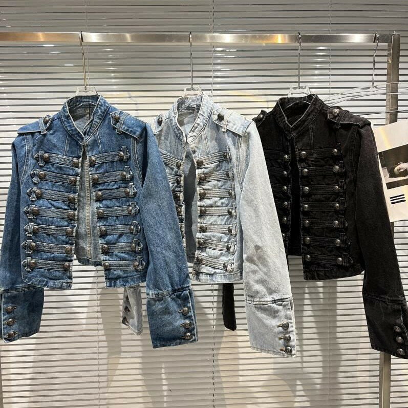 樂天商城 - ナポレオンジャケット デニム レディース ショート丈 春 アウター スタンドカラー ノーカラー デニムジャケット Gジャン ミリタリー デザインボタン 40代 30代 大人カジュアル 個性的