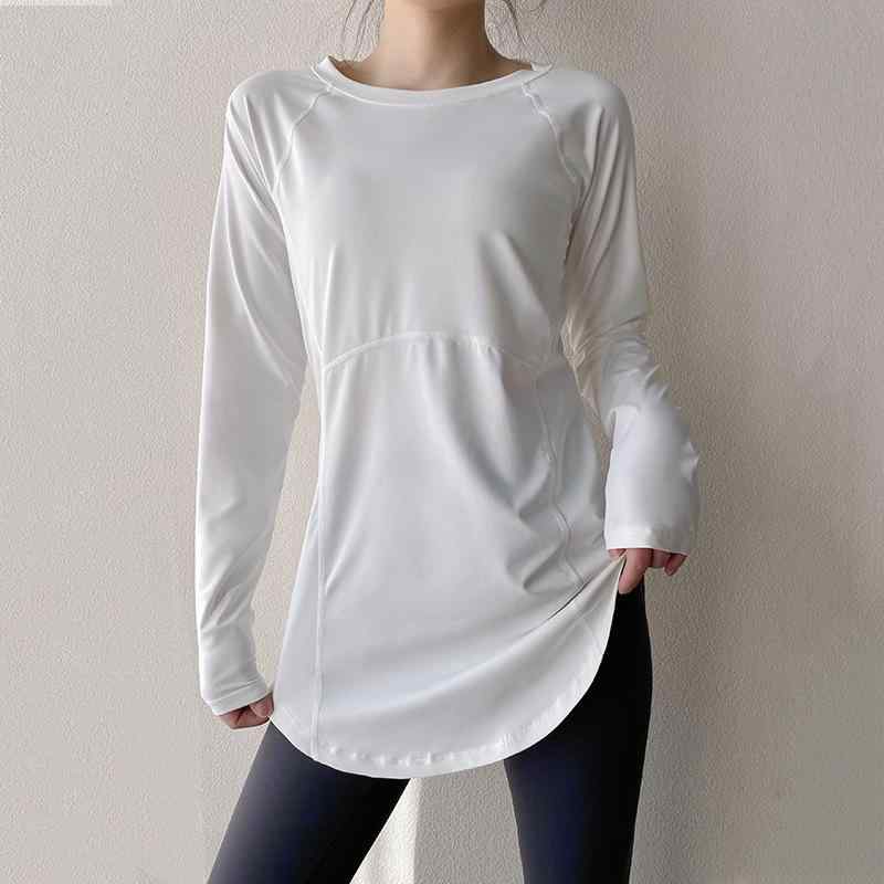 樂天商城 - Tシャツ レディース 女性用 春夏 長袖 ロングスリーブ ロング丈 長め ヒップカバー お尻が隠れる 着痩せ 体型カバー 美背 通気性 ドライ 吸汗速乾 フ ジョギング ランニング ヨガウェア