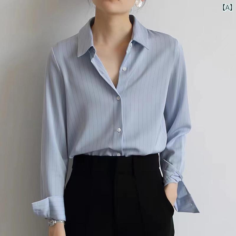 Blouses - 【楽天スーパーセール】ブラウス レディース 女性用 春夏 長袖 ストライプ柄 黒 ブラック サテン調 高級感 スリムフィット 襟付き 通勤 オフィス ビジネス 事務服 面接 エレガント きれいめ フォーマル