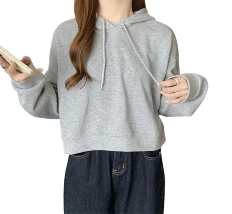 Rakuten - パーカー レディース ショート丈 ショート丈パーカー フード付き ジャージ 長袖パーカー 無地 プルオーバー プルオーバーパーカー 春秋 重ね着 フード付きパーカー 秋 薄手 ス