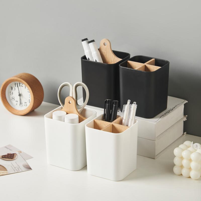 Rakuten - ペン立て デスク収納ケース プラスチック 竹木 文具整理ラック 仕切り付き メイクブラシ 収納 収納ボックス 歯磨き粉 歯ブラシ