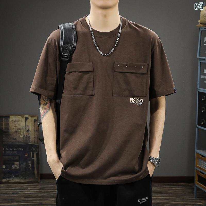 Rakuten - メンズ男性 ファッション 韓国 オシャレ たり 大歳ストリート 夏 ダブル ポケット プリント 半袖 Tシャツ アメリカン ラウンドネック コットン トップ