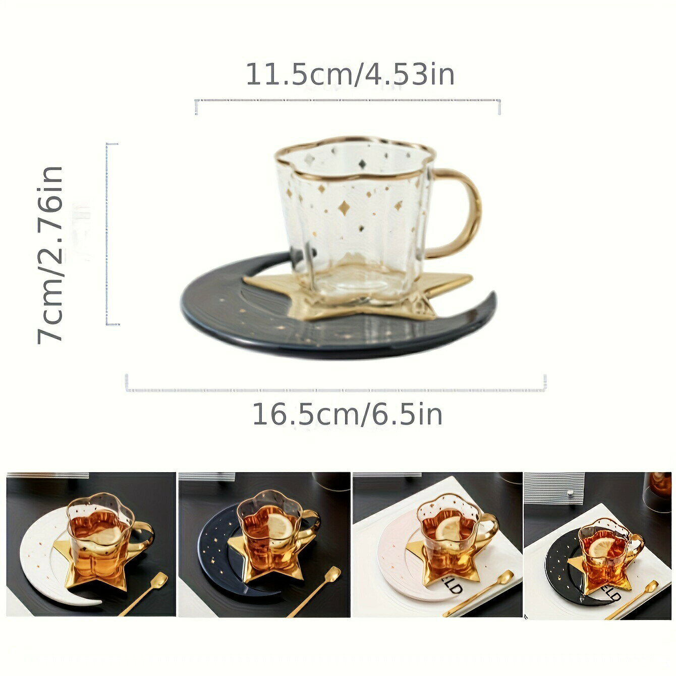 【楽天スーパーセール】セット、星と月のデザインのティーカップとソーサー、ガラスのコーヒーカップとセラミックのソーサープレート、朝食、ティーパーティー、アフタヌーンティー、自宅、庭、レストラ? resolvemart1-10016783 リソルヴマート サンプル画像3