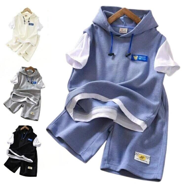 Rakuten - 韓国風 スポーツ 女の子 レイヤード 半袖パーカー 男の子 半袖tシャツ 涼しい カジュアルセットアップ フード付き 短パン ウエストゴム キッズ ショートパンツ 上下セット
