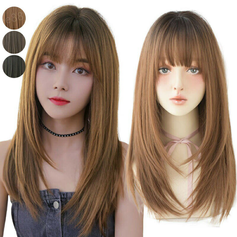 樂天商城 - ウィッグ ロング ストレート 黒 茶色 フルウィッグ レディース 小顔効果 自然 かつら 耐熱 レイヤー ロングヘア 韓国系 ファッション 日常 ぱっつん コスプレ ストレートヘア 前髪