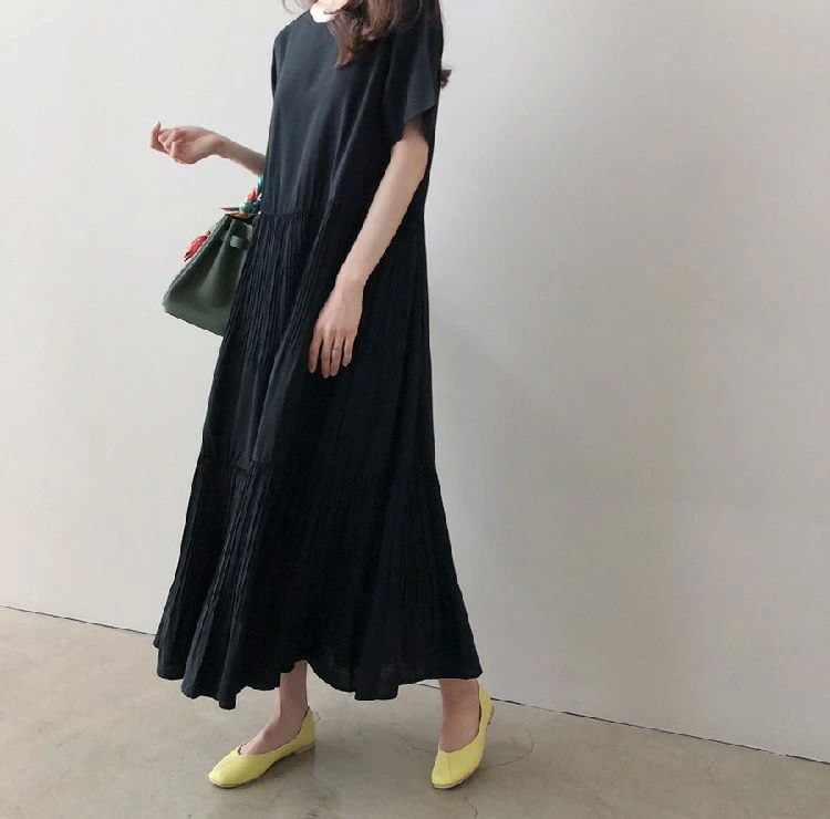 半袖ワン 優雅 ロングワンピース 春夏 M 2XL レディース 半袖 ワンピ 楽ちん きれいめ ゆったり プリーツ ティアード ワンピース 3