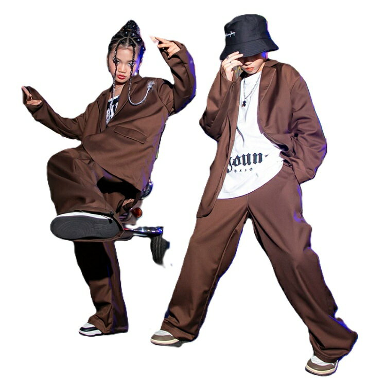 樂天商城 - キッズダンス衣装 2点セット スーツ 子供 ジャケット パンツ 無地 ブラウン キッズ ダンス衣装 セットアップ 子供服 ヒップホップ キッズ服 春秋 jazz 演出服 おしゃれ k-pop