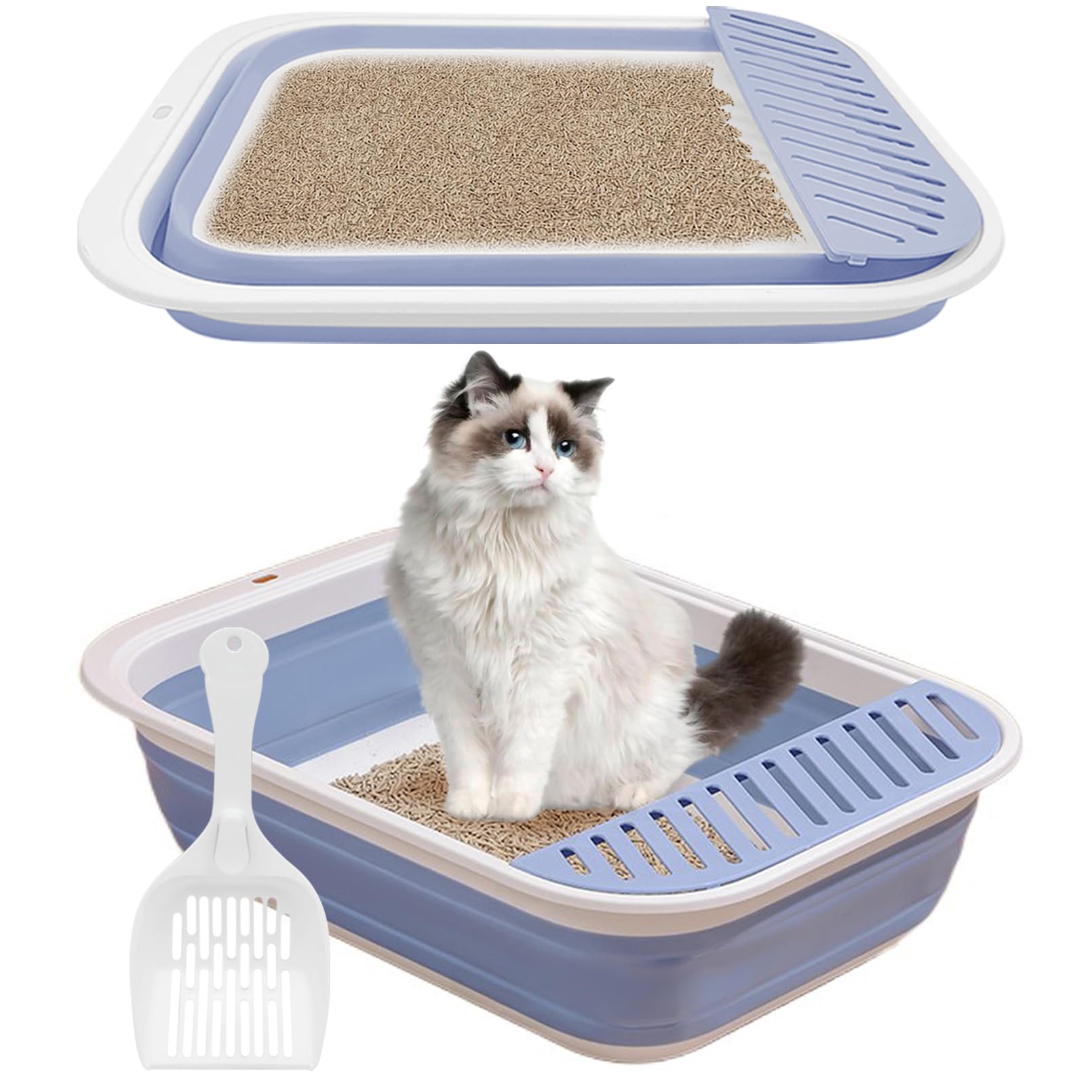 Rakuten - 折りたたみ式小型猫用トイレボックス オープントイレパン用 折りたたみ式猫用トイレ スクープ付き シニアキティ 浅いトイレボックス 防水 飛沫防止 旅行
