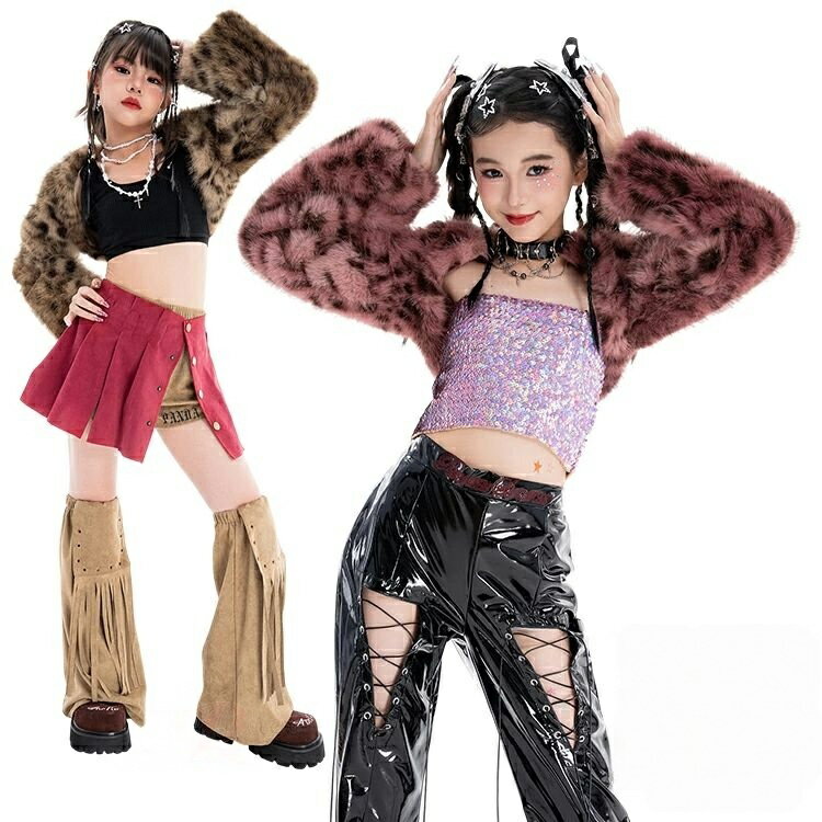 樂天商城 - ヒョウ柄 ジャケット もこもこ スパコール トップス へそ出し キラキラ パンツ キュロット 足カバー k-pop 衣装 長袖 キッズダンス セットアップ キッズ 女の子 衣 ダンス アイドル風