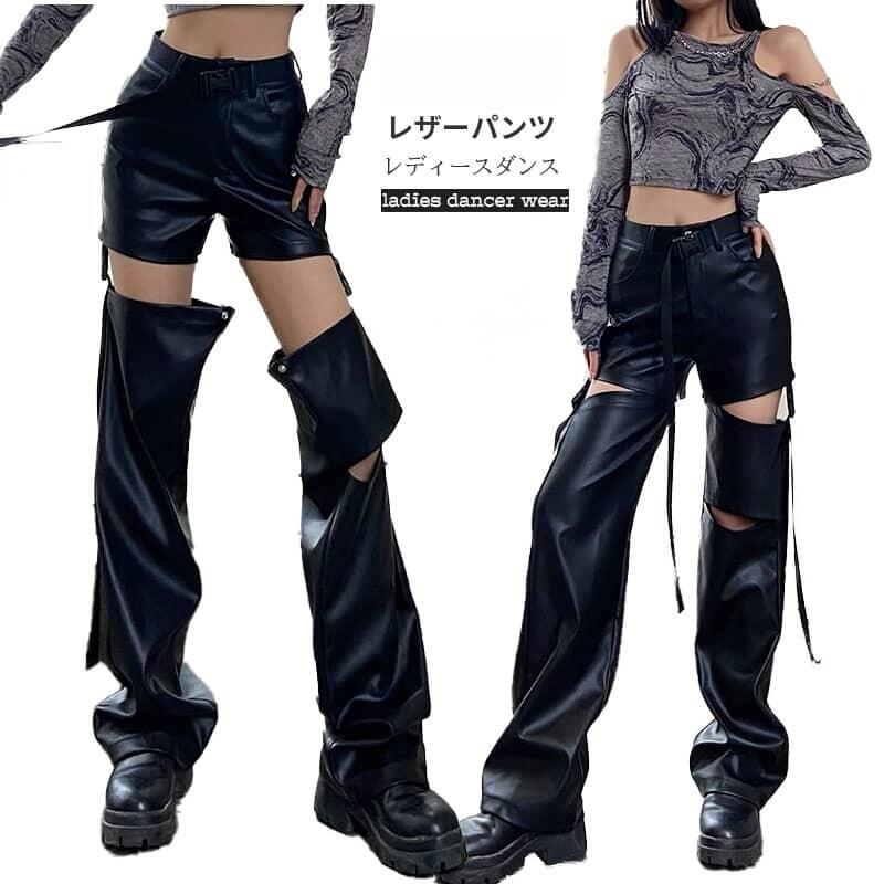 Rakuten - レザーパンツ ダンスパンツ レディース ボトムズ ワイドパンツ 2WAY 取り外し可能 長ズボン 黒 hiphop jazz カジュアル 大人ダンス ゆったり