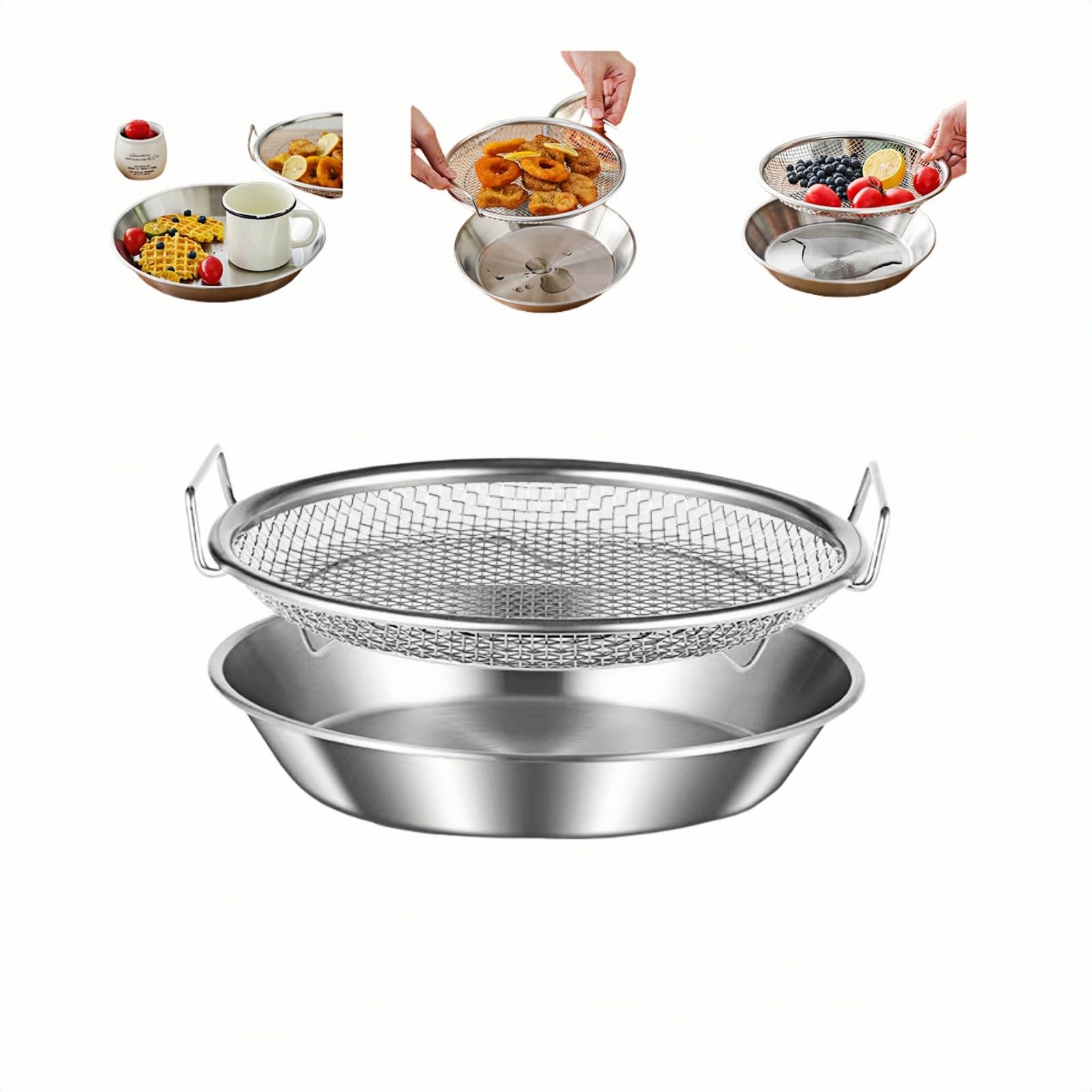 Rakuten - 万能調理ざる 20cm ステンレス製 3役活用 大メッシュ・油切り・蒸し器 足付き 食品グレード 電子レンジ/オーブン対応
