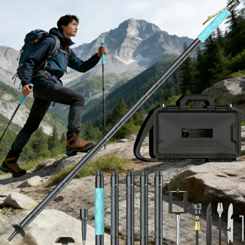 Rakuten - 多機能登山杖 夜光シリコングリップ 折りたたみ式トレッキングポール キャンプ/登山/アウトドア用 マルチツール付き 収納ケース付