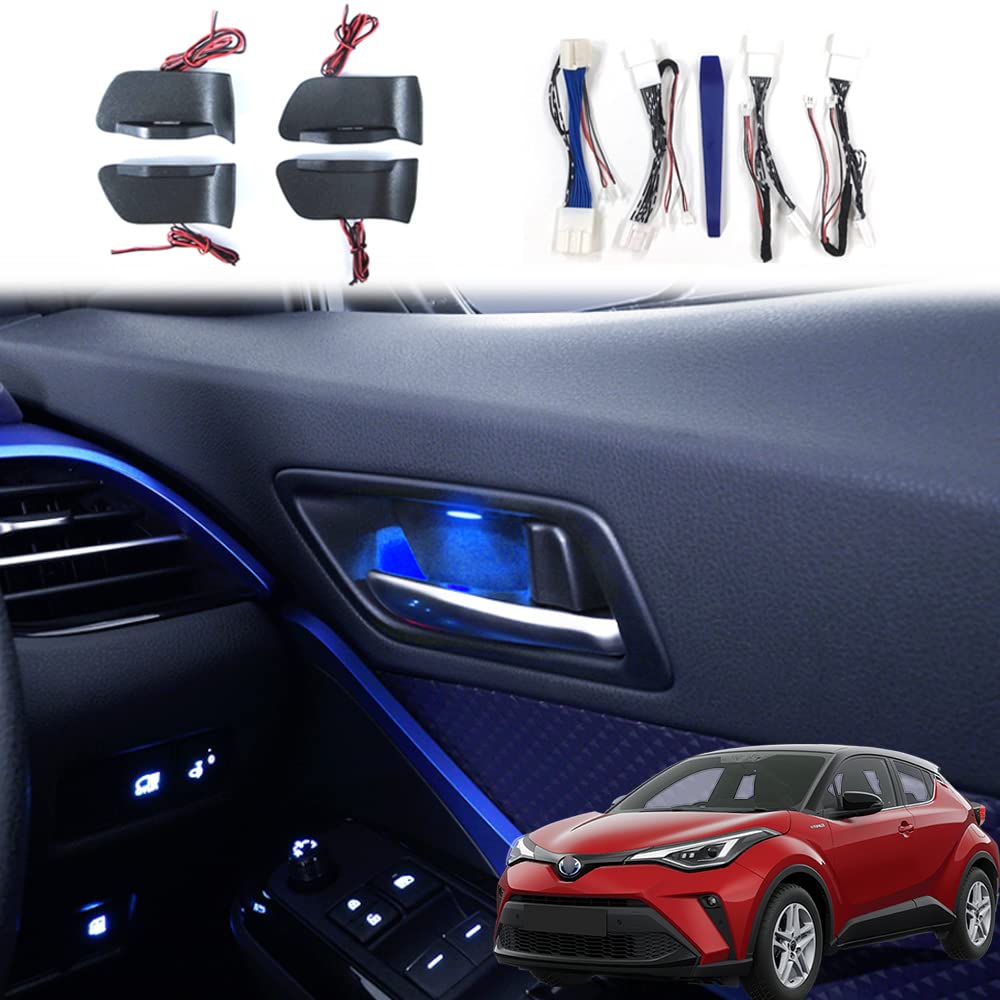 対応車種：トヨタ C-HR 前期 後期 ZYX10/NGX50 全グレード対応、※ZYX11に対応不可。 セット内容：LEDライト付きのドアハンドルカバーx4、接続配線x4、取付工具x1、取り扱い説明書x1。 LEDイルミネーションで優しく照らす：車内側ドアハンドルインナーをLEDイルミネーションで優しく照らしているので、室内がより上質で高級感が出て、夜間でもドアハンドルの操作が簡単になり、夜の運転が楽しくなります。眩しく照射ではなくハンドルの下方部だけ照射なので光源が気にならず運転を妨げません。 高級感：ドアハンドルカバーに付いているLEDランプはACC連動でエンジン起動時は常時点灯して、エンジンが停止すると消灯しますので、消し忘れの心配もなく、常時ライトになり、昼間はあまり目立たないです、夜は綺麗に発光で、ドアハンドルカバーからブルーのLEDライトが高級感を醸し出しています。 簡単取付：取付け 説明書付、車種別専用設計で、取付は純正交換、カプラーオンだけで、素人でも30分ほどで4つ全部取り付け出来ます、専用設計でフィット感は抜群です、交換しても純正風のままで、完璧な仕上がりです。 商品情報 機能と仕様 商品の用途 内装 light_source_type LED 車両の種類と互換性がある 乗用車 特殊機能 耐衝撃 自動部品位置 中 自動車の取り付けタイプ 車種専用フィット スタイル カラー ブルー レンズの色 クリア ご意見ご要望 商品の説明 対応車種：トヨタ C-HR 前期 後期 ZYX10/NGX50 全グレード対応、※ZYX11に対応不可。 セット内容：LEDライト付きのドアハンドルカバーx4、接続配線x4、取付工具x1、取り扱い説明書x1。 LEDイルミネーションで優しく照らす：車内側ドアハンドルインナーをLEDイルミネーションで優しく照らしているので、室内がより上質で高級感が出て、夜間でもドアハンドルの操作が簡単になり、夜の運転が楽しくなります。眩しく照射ではなくハンドルの下方部だけ照射なので光源が気にならず運転を妨げません。 対応車種：トヨタ C-HR 前期 後期 ZYX10/NGX50 全グレード対応、※ZYX11に対応不可。 セット内容：LEDライト付きのドアハンドルカバーx4、接続配線x4、取付工具x1、取り扱い説明書x1。 LEDイルミネーションで優しく照らす：車内側ドアハンドルインナーをLEDイルミネーションで優しく照らしているので、室内がより上質で高級感が出て、夜間でもドアハンドルの操作が簡単になり、夜の運転が楽しくなります。眩しく照射ではなくハンドルの下方部だけ照射なので光源が気にならず運転を妨げません。