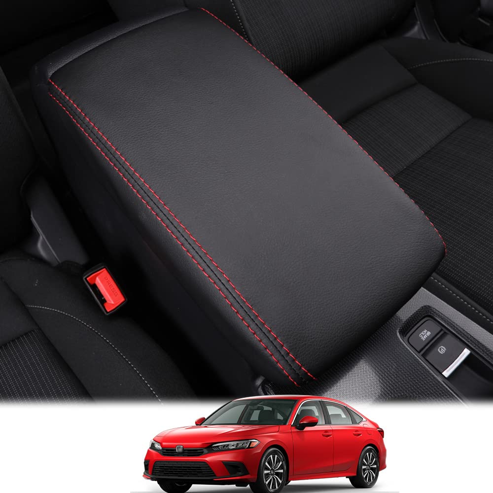 Rakuten - 新型 ホンダ シビック 11代目 アームレストカバー レザー 内装 カスタム パーツ 傷防止 ドレスアップ (赤いステッチで黒い革)