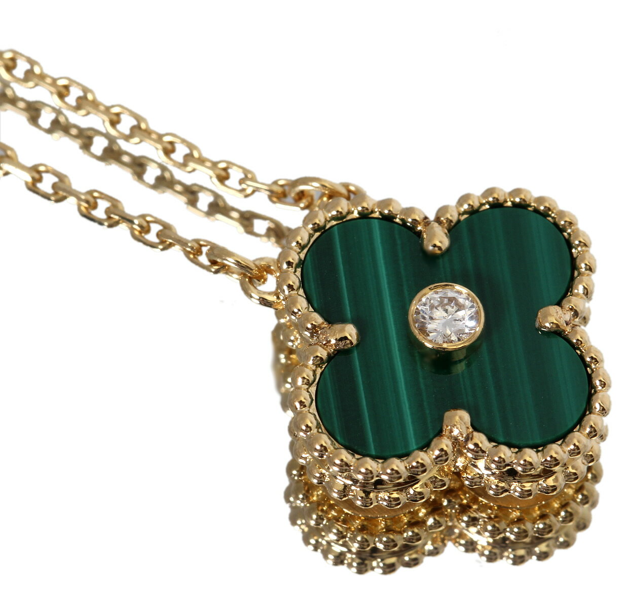 美品 ヴァンクリーフ&アーペル ヴィンテージ アルハンブラ 750 マラカイト YG ダイヤ ネックレス 正規..