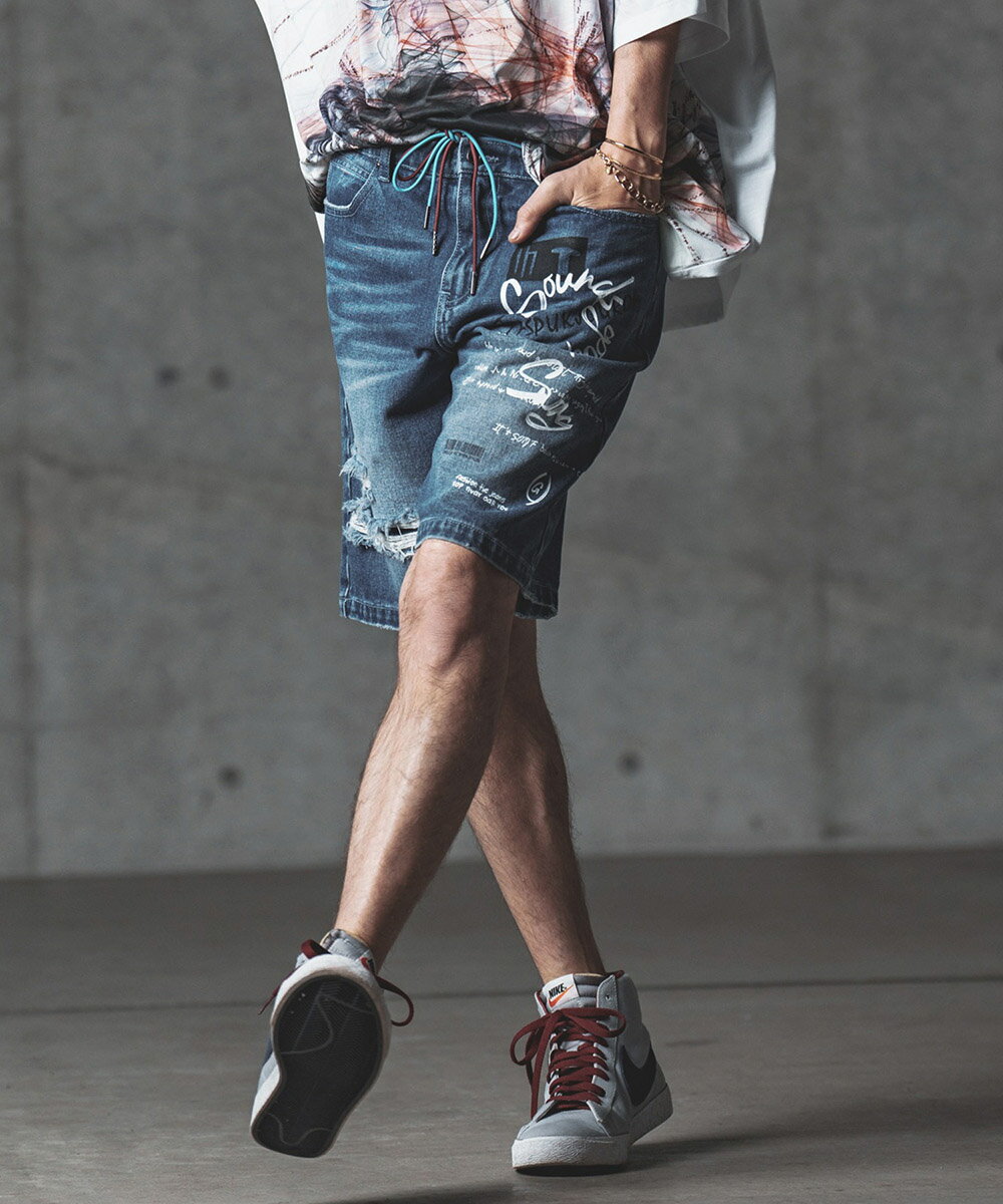 【GLIMCLAP(グリムクラップ)】Print & vintage processing design denim short pants ショートパンツ(12-140-gls-cc)