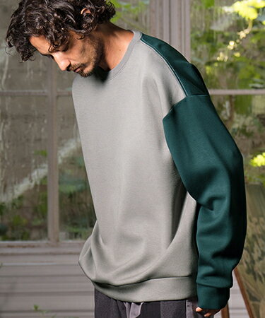 Double knit material one arm color scheme pullover カットソー(AG01-017acd)