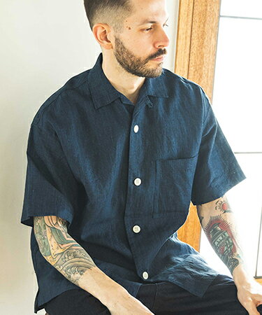 MROLIVE(ߥ꡼) CLASSIC PATTERN INDIGO LINEN - OPEN COLLAR SHIRT ץ󥫥顼(M241134)